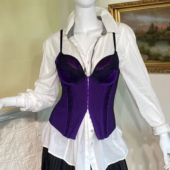 La SENZA Bustier Purple Black Lace Open Cross Back Medium - Picture 6 of 16